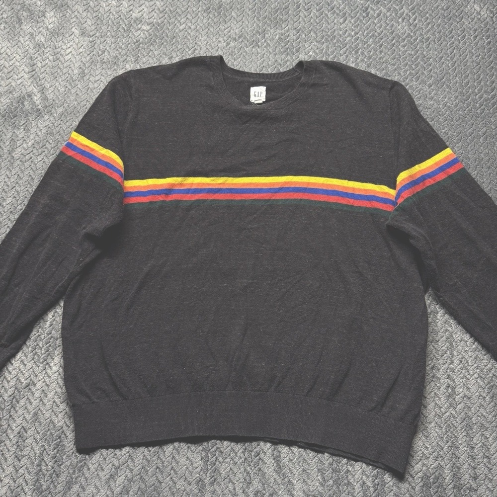Gap Sweater Crazy Stripe Men’s XXL Gray Multicolor Crewneck Knit Pullover Cotton